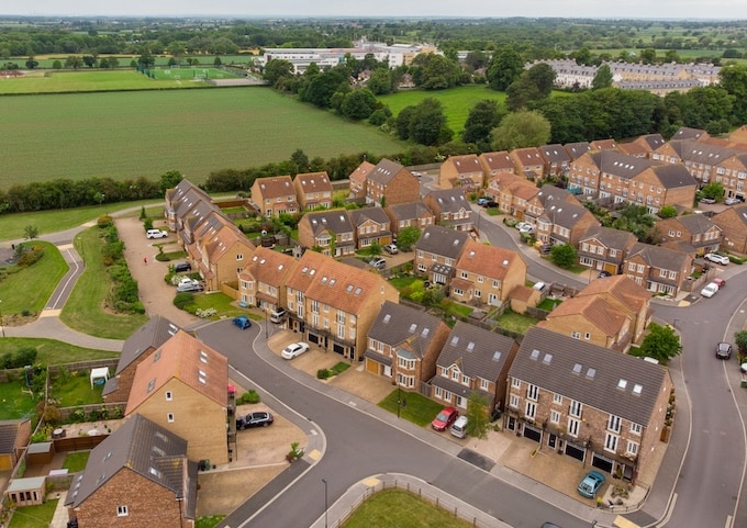 Aerial view of UK residential houses