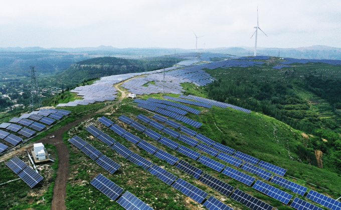 Photovoltaic and wind power stations on hills in Shandong, China