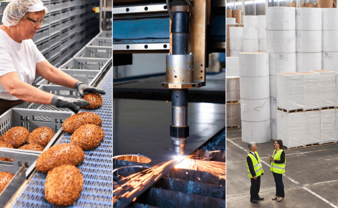 Three images from food, steel and paper production